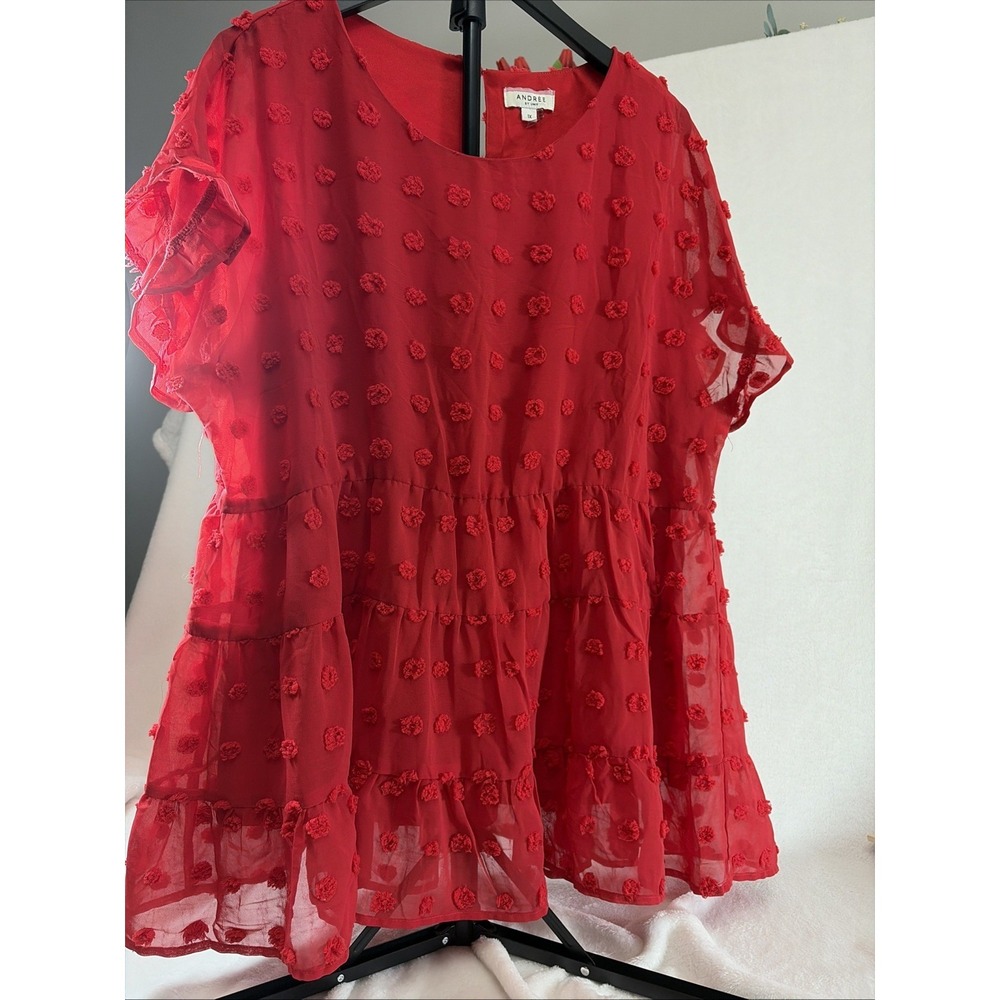 Andree by unit‎ Top Red Swiss Dots Sheer Lined 1X Boho Chic Cottagecore Flowy